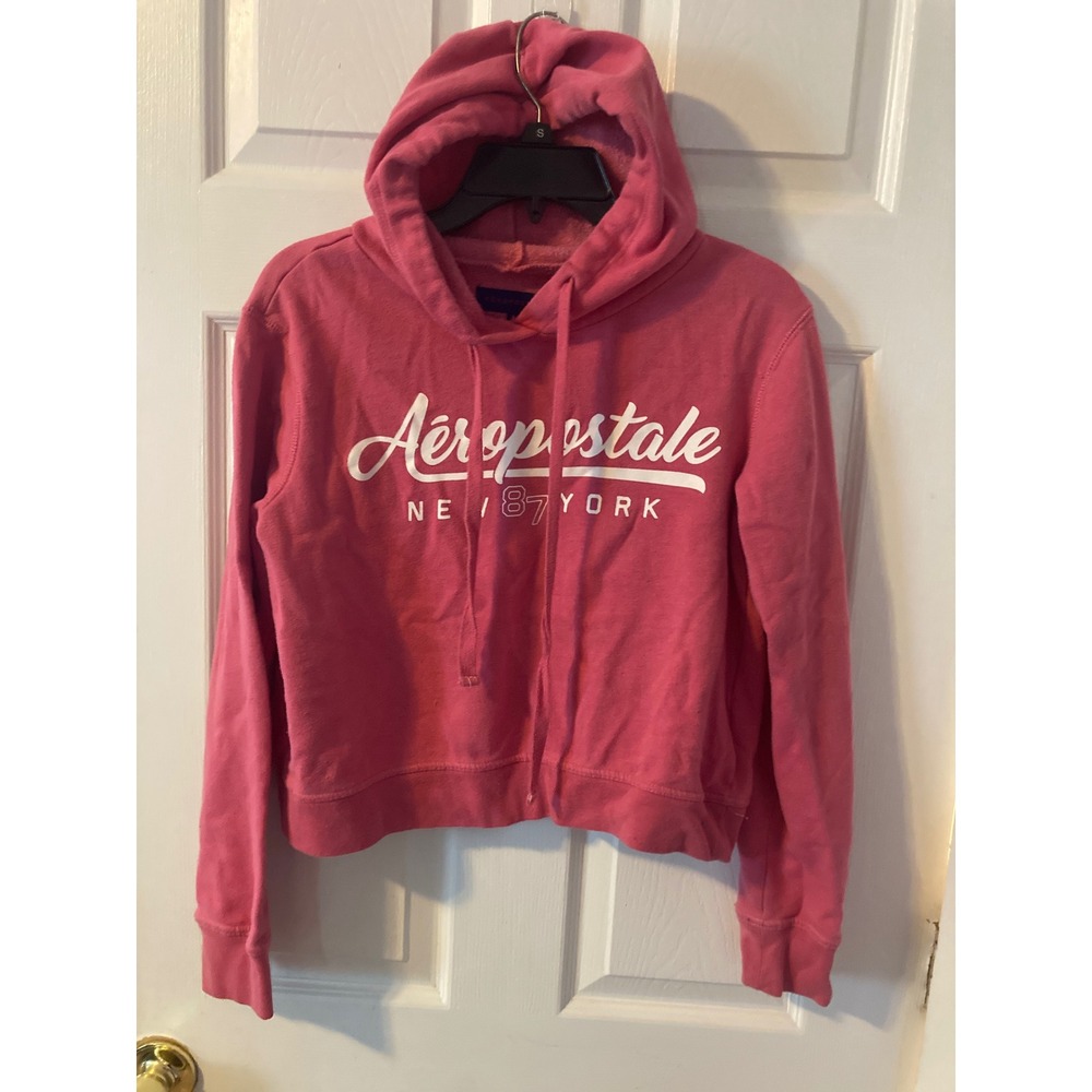 Aeropostale Womens Pink Graphic Cropped Hoodie Sweatshirt New York‎ 1987 Size M